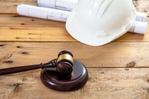 White color engineer safety hardhat, judge gavel and building blueprint plans on wooden table