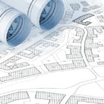 Map with buildings, land parcel and vacant plot - land records and property registry.
