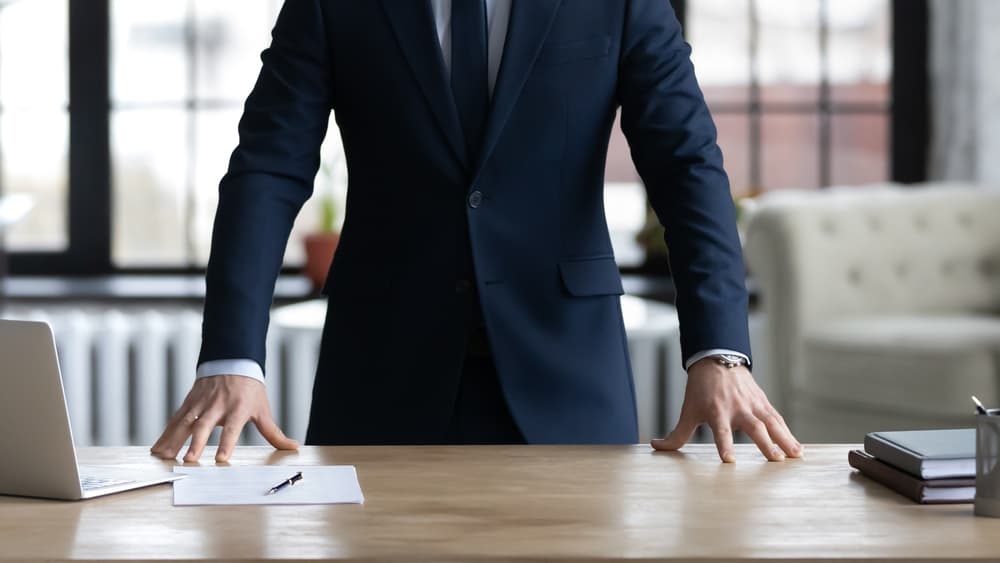 Company executive, CEO, owner in formal suit standing at work desk.