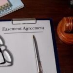 Legal Easement Agreement Displayed with Pen and Gavel Highlights Property Access Rights and Usage Permissions
