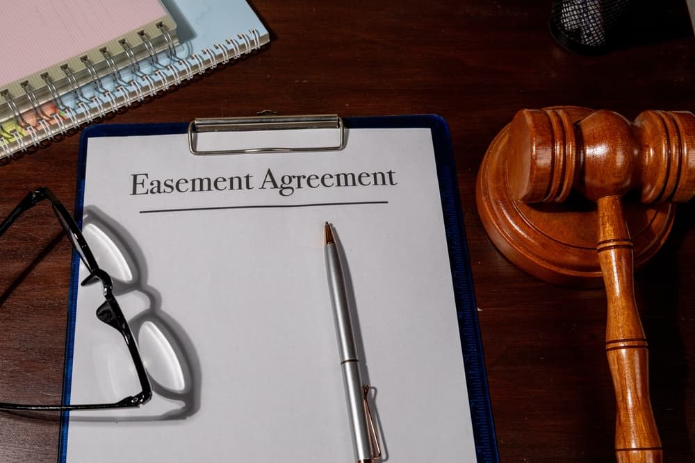 Legal Easement Agreement Displayed with Pen and Gavel Highlights Property Access Rights and Usage Permissions