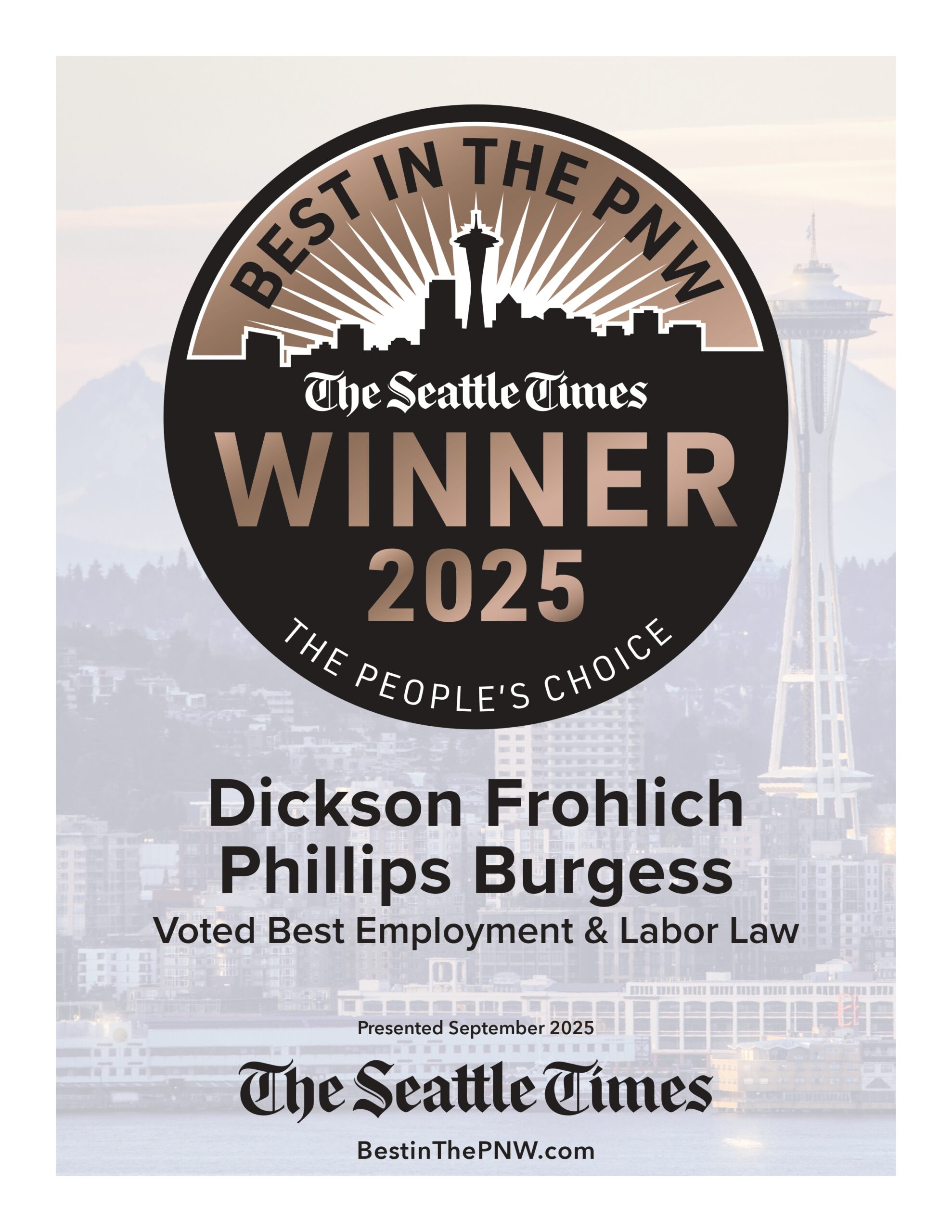 Press release announcement for Dickson Frohlich Phillips Burgess winning Best in the PNW Employment & Labor Law 2025