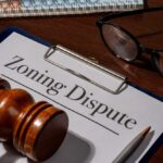Zoning Dispute Document on Clipboard with Gavel Represents Legal Conflicts in Property Development and Real Estate Regulations